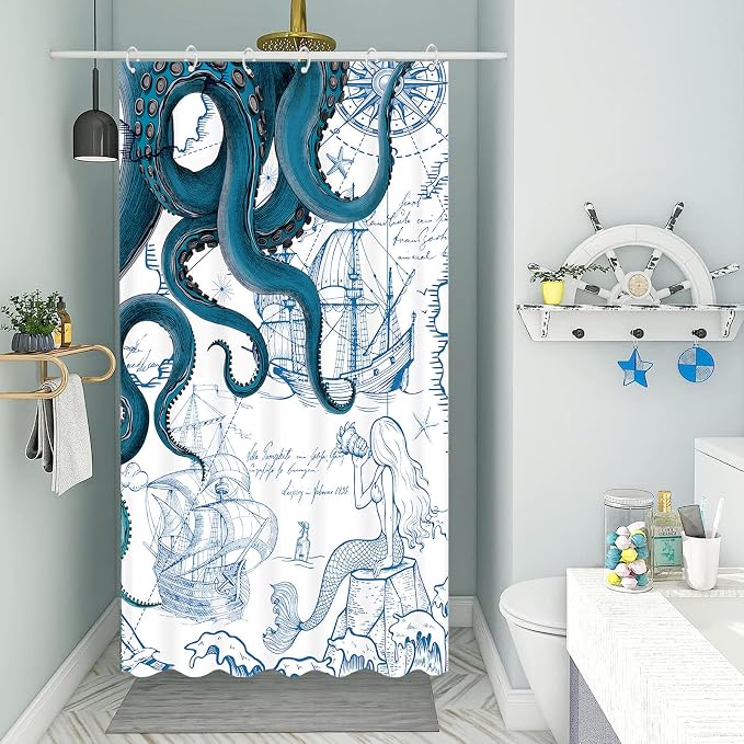 Fungarth Stall Blue Nautical Octopus Shower Curtain Navy Mermaid Funny Ocean Kraken Shower Curtains for Bathroom Cool Anchor Coastal Map Waterproof Fabric Bath Curtain Decor (Blue, 36” x 72”)