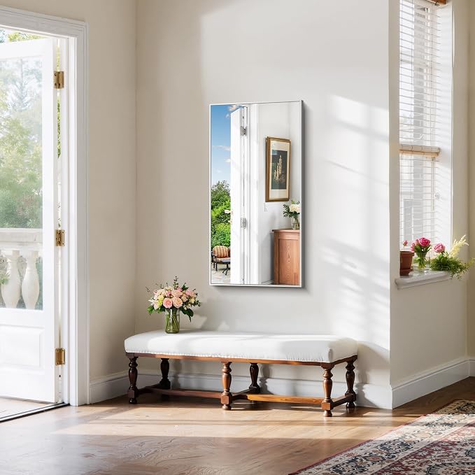 YIROMAN Bathroom Mirror 20"x40", Brushed Silver Bathroom Mirror for Over Sink with Aluminum Frame, Rectangular Vanity Mirror with Right Angle, Wall Mirror Hangs Horizontal or Vertical