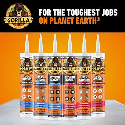 Gorilla 100% Silicone Caulk, Kitchen & Bath Sealant, 10oz Cartridge, Clear | Waterproof & Mold Resistant, Flexible Seal Prevents Shrinking, Great for Showers, Tubs, and Sinks