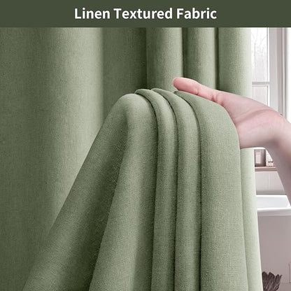 Linen Shower Curtain Green, Fabric Boho Farmhouse Shower Curtains for Bathroom Cotton Natural Cloth Liner Set 72" W x 72" L