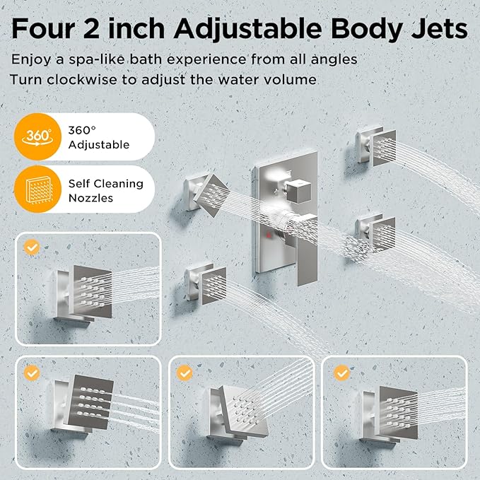 Rainfall Shower System with 4 Body Spray Jets, STARBATH 4 Way 12 + 6"Rainfall Shower Head with Handheld Combo, Shower Jets System High Pressure Shower Faucet Set, Brushed Nickel