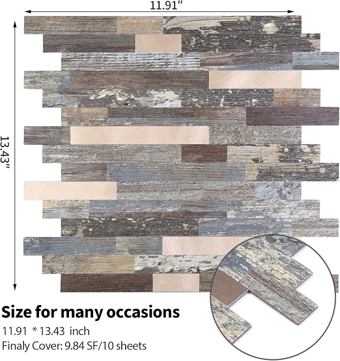 Yipscazo 10 Sheets Peel and Stick Wood Metal Tile Backsplash, Stick on Tiles for Backsplash Kitchen, Bathroom, Laundry Room, Camper, Fireplace (12'' X 12'', Mix Rustic with Gold)