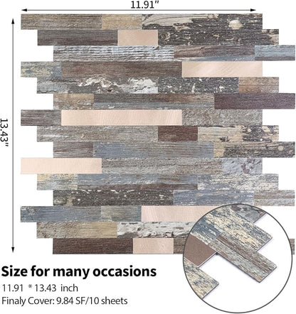 Yipscazo 1 Sheet Peel and Stick Wood Metal Tile Backsplash, Stick on Tiles for Backsplash Kitchen, Bathroom, Laundry Room, Camper, Fireplace (12'' X 12'', Mix Rustic with Gold)