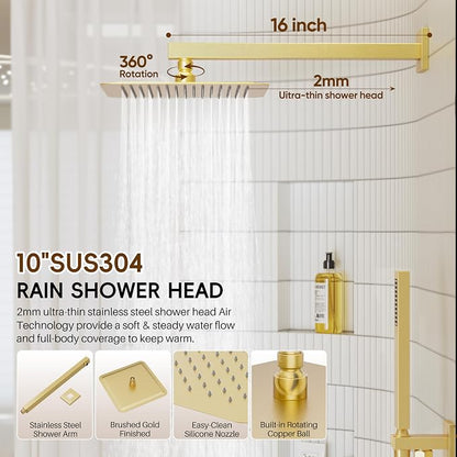Gold Shower System, Shower Faucet Set with 10" Rain Shower head | All Metal Bathroom Wall Mounted High Pressure Shower head with handheld Combo Set Included Valve and Trim kit