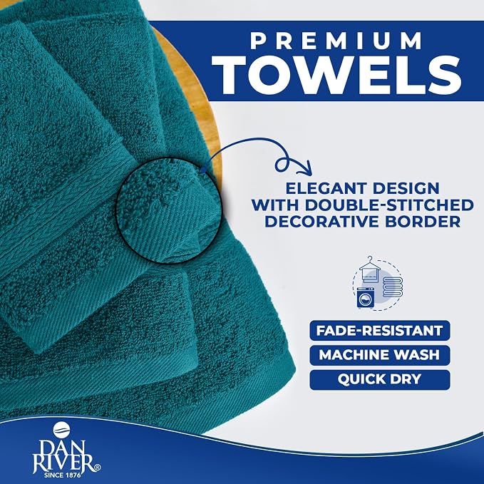 DAN RIVER 8 Piece Luxury Bath Towels for Bathroom, Towel Set, Teal | 2 Bath towels, 2 Hand towels, and 4 Wash Cloths, 600 GSM 100% Ring Spun Cotton, Highly Absorbent, Gym, Hotel, guest, and Spa
