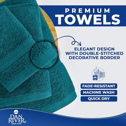 DAN RIVER 8 Piece Luxury Bath Towels for Bathroom, Towel Set, Teal | 2 Bath towels, 2 Hand towels, and 4 Wash Cloths, 600 GSM 100% Ring Spun Cotton, Highly Absorbent, Gym, Hotel, guest, and Spa