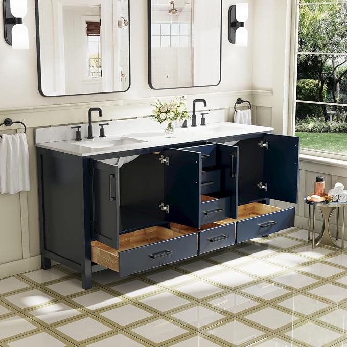 72-Inch Bathroom Vanity with Sink, 4 Soft-Close Doors and 6 Soft-Close Drawers, Bathroom Freestanding Vanity with Cultured Marble Countertop, Navy Blue Vanity with Matte Black Handles