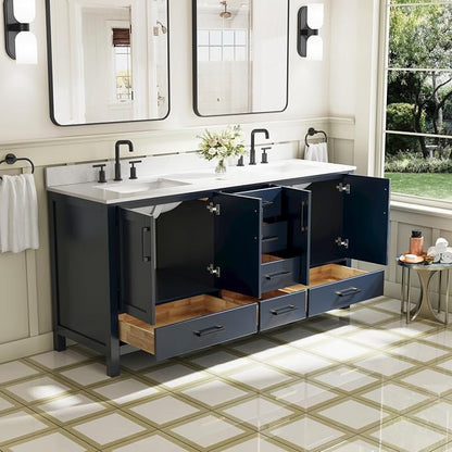 72-Inch Bathroom Vanity with Sink, 4 Soft-Close Doors and 6 Soft-Close Drawers, Bathroom Freestanding Vanity with Cultured Marble Countertop, Navy Blue Vanity with Matte Black Handles