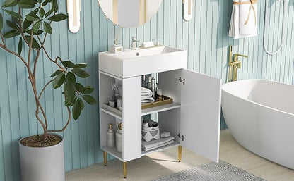 21.6 in Small Bathroom Vanity with Sink,Doors and Storage Shelves,Wood Modern Single Fluted Bathroom Sink Cabinet Freestanding (White,Left Shelf)