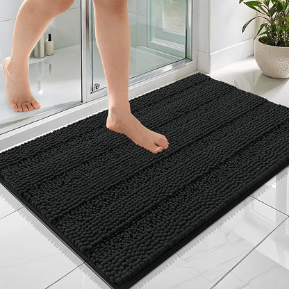 OLANLY Thick Bathroom Rugs 36x24, Soft Chenille Striped Bath Rugs, Black | Rubber Backing, Machine Wash, Extra Absorbent Bath Mats for Bathroom Floor, Tub and Shower, Home Decor Accessories