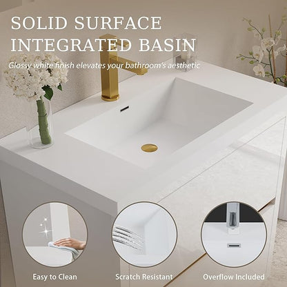 Abruzzo 36" Glossy White Wall-Mounted Bathroom Vanity with Sink – Stone Resin Countertop & Soft-Close Drawers, Waterproof Wood Cabinet for Small Bathrooms
