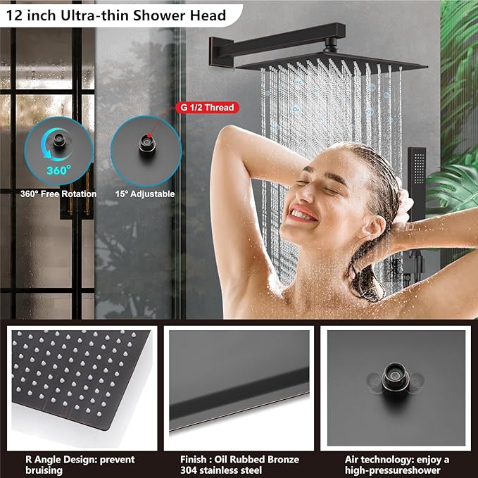Midanya Shower Faucet Set,Wall Mount Shower System with Square Rain Shower Head and Hand Sprayer, Rough-in Valve Body and Trim Kit Included,12 Inch,Oil Rubbed Bronze