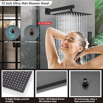 Midanya Shower Faucet Set,Wall Mount Shower System with Square Rain Shower Head and Hand Sprayer, Rough-in Valve Body and Trim Kit Included,12 Inch,Oil Rubbed Bronze