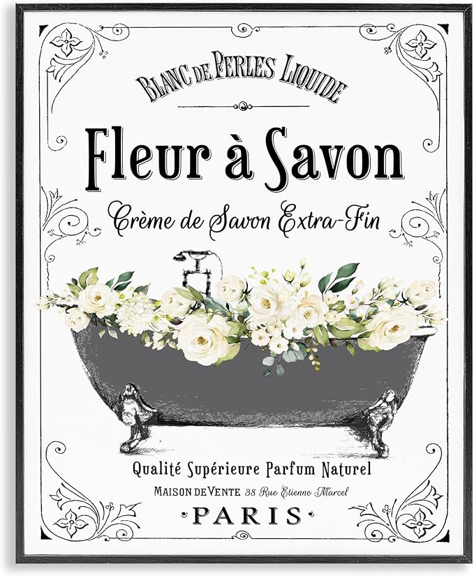 Stupell Industries 'Fleur a Savon Vintage Parisian Bathroom Floral Tub', Framed Giclee Art, Black, 11 x 14 Inches, Easy to Hang and Sturdy, Made in USA, by Lettered and Lined