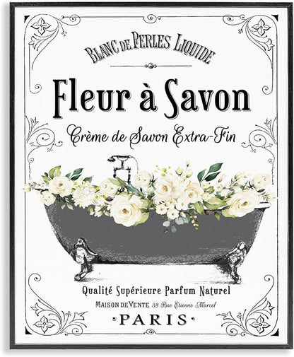 Stupell Industries 'Fleur a Savon Vintage Parisian Bathroom Floral Tub', Framed Giclee Art, Black, 11 x 14 Inches, Easy to Hang and Sturdy, Made in USA, by Lettered and Lined