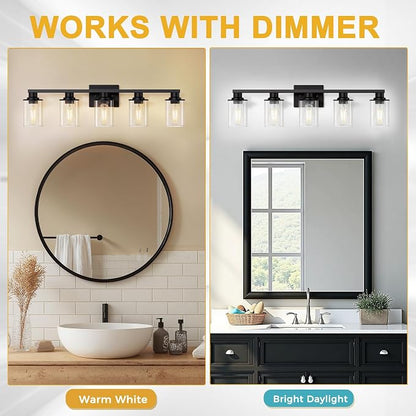 L LOHAS LED 5-Light Bathroom Light Fixtures Over Mirror, Black Bathroom Vanity Lights with Clear Glass Shade, Modern Vanity Lights for Bathroom Living Room Hallway Bedroom | Clear Glass Shades; Modern Light Fixture for Bathrooms, Living Rooms, Hallways...