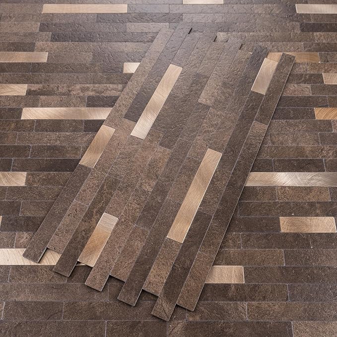 StyloVue 20 Sheets Peel and Stick Backsplash for Kitchen, Dark Brown with Metal Gold Look Stick on Tile Upgrade Your Kitchen Backsplash, RV, Fireplace