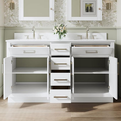 60-Inch Bathroom Vanity with Double Sinks W/ 4 Doors & 4 Drawers & 2 Flip Drawers, White Vanity W/Brushed Nickel Handles