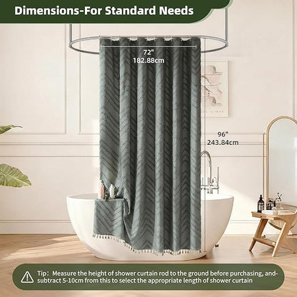 Extra Long Grey Boho Shower Curtain with Tassel, Woven Fabric 96 in Shower Curtain, Tufted Chevron Striped, 72 x 96, Modern Chic Textured Minimalist Bathroom Shower
