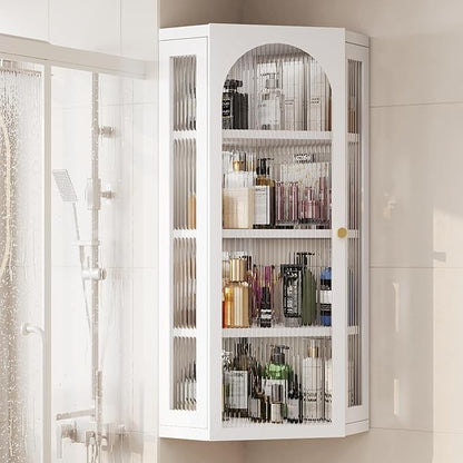 Bathroom Corner Wall Cabinet, Metal Medicine Cabinet with Glass Doors and Shelves, Hanging Corner Storage Cabinet for Bathroom, Kitchen, Laundry Room (White)