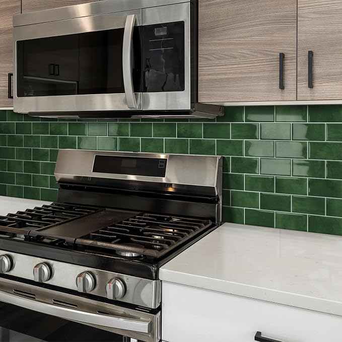 Green Peel and Stick Backsplash Subway Tile for Kitchen 10-Sheet | Thick,Self Adhesive,Wall,Sticky,Brick,for Bathroom,Laundry,Sink,12"×12"