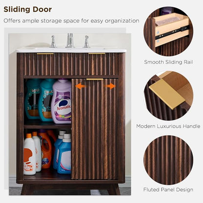T4TREAM 24" Fluted Bathroom Vanity with Ceramic Sink Combo, Dark Walnut | Freestanding Small Modern Bathroom Storage Vanity Cabinet with Sliding Door & 3 Drawer, Wood Grain Texture, Metal Handle
