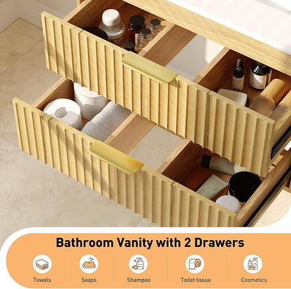 24 Inch Floating Bathroom Vanity with Sink, Bathroom Wall Cabinet with 2 Fluted Drawers & Metal Handle, Wall Mounted Cabinet for Bathrooms (Natual Yellow, 24 inch, with Sink)