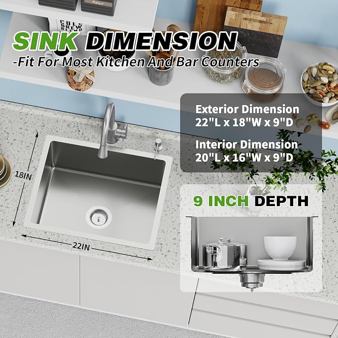 22x18 In Undermount Kitchen And Bar Sink- Stainless Steel Single Bowl Kitchen Sink Modern Drop In Bar Sink With Silicon Mat,Drain Strainer Set Compatibility With Various Kitchen & Bar Style