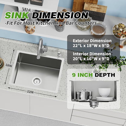 22x18 In Undermount Kitchen And Bar Sink- Stainless Steel Single Bowl Kitchen Sink Modern Drop In Bar Sink With Silicon Mat,Drain Strainer Set Compatibility With Various Kitchen & Bar Style