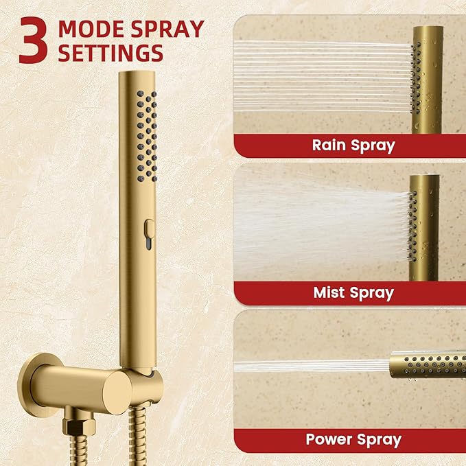 Round Shower Faucet Set with Hydro Power Temperature Display, Shower System Bathroom 10 Inch Shower Head with Handheld Spray, Wall Mounted Shower Fixtures with Shower Valve and Trim Kit, Brushed Gold