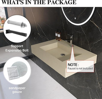 30" x 19" Bathroom Sink with Solid Surface, Wall Mount Bathroom Sink with Single Faucet Hole, Rectangle Stone Resin Vessel Sinks for Indoor Outdoors,Floating Wall Hang Sink Bowl, Beige
