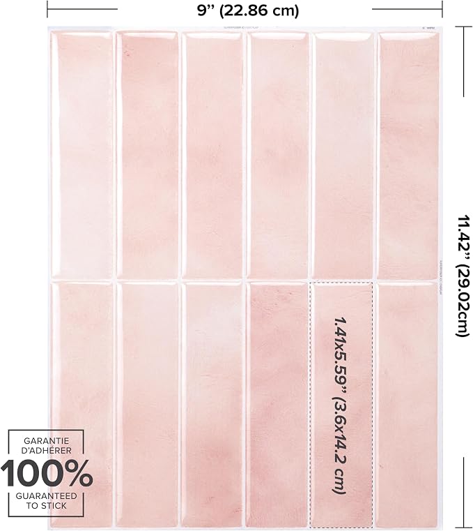 Smart Tiles Peel and Stick backsplash, Stacked Powder Pink, 11.43"x9" | Pack of 5 (3.5 sq ft), Glossy, Heat/Moisture Resistant, Low VOC, Kitchen/Bathroom, Renter Friendly, Made in Canada
