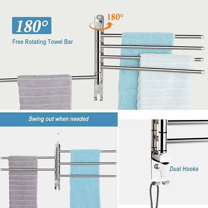 5 Arm Swivel Towel Bar - Heavy Duty SUS304 Stainless Steel Swing Towel Rack for Bathroom, 180° Rotation Wall Mount Towel Holder with Hook, Space-Saving Organizer for Kitchen, Laundry Room