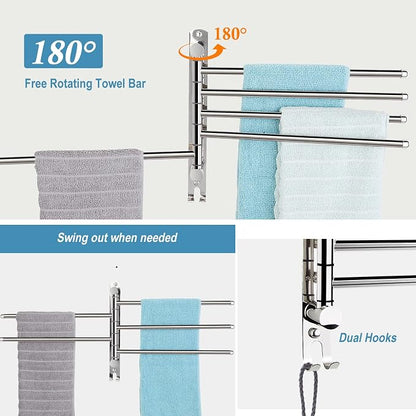 5 Arm Swivel Towel Bar - Heavy Duty SUS304 Stainless Steel Swing Towel Rack for Bathroom, 180° Rotation Wall Mount Towel Holder with Hook, Space-Saving Organizer for Kitchen, Laundry Room