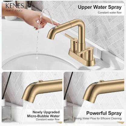 Champagne Bronze Pull Down Centerset Bathroom Faucet 3 Hole 2 Handle | Pull Out Bathroom Faucet with Pop Up Drain & Supply Lines, Lead-Free cUPC & NSF Certified, 4 Inch Faucet for Vanity RV Sink