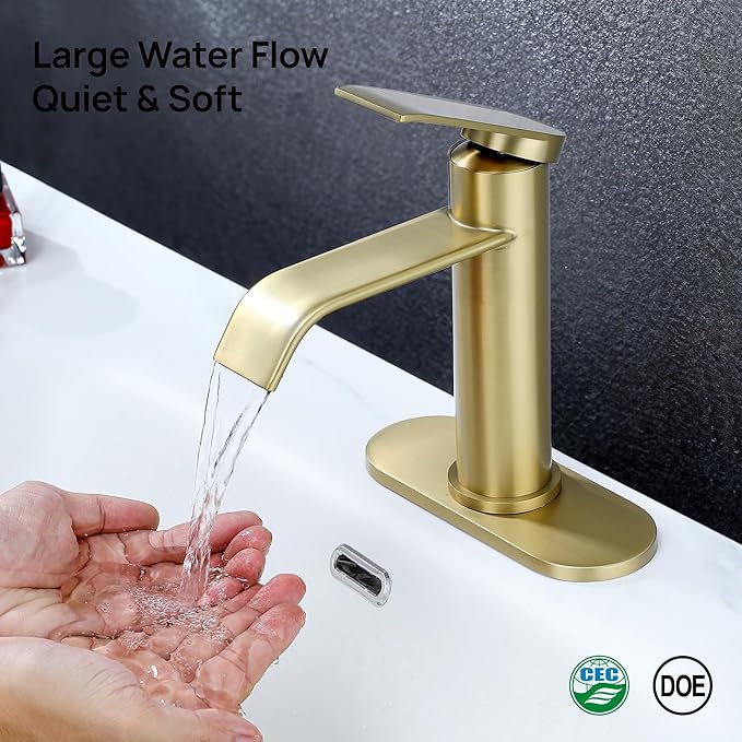 GAGALIFE Bathroom Faucet 1 Hole - Brushed Gold Bathroom Sink Faucet with Metal Pop-up Drain Supply Lines and Deck, Modern Waterfall Bathroom Faucets Single Handle, JJL-MP-7001BG