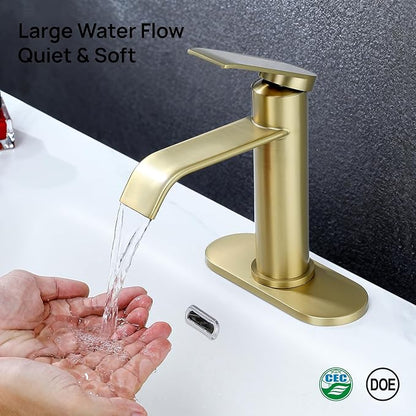 GAGALIFE Bathroom Faucet 1 Hole - Brushed Gold Bathroom Sink Faucet with Metal Pop-up Drain Supply Lines and Deck, Modern Waterfall Bathroom Faucets Single Handle, JJL-MP-7001BG