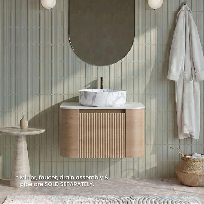 24" Preassembled Floating Bathroom Vanity with Carrara Finish Sink, Oak | Mid-Century Modern Style, Fluted & Soft-Close Drawer with U-shaped Wall, Sinterted Stone Countertop, Towel Rack Included