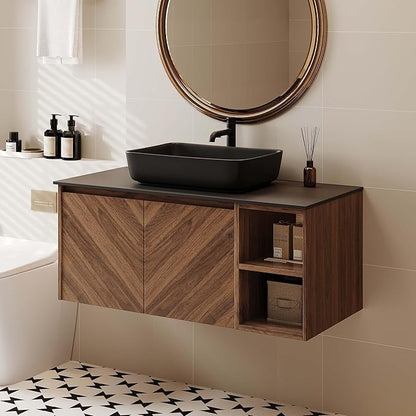 36 Inch Floating Vanity Bathroom with Single Sink, Wall-Mounted Floating Bathroom Cabinet with Sintered Stone Countertop & Black Ceramic Basin, Ample Storage and Open Shelves, Dark Wood