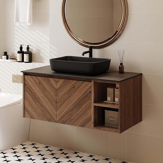 36 Inch Floating Vanity Bathroom with Single Sink, Wall-Mounted Floating Bathroom Cabinet with Sintered Stone Countertop & Black Ceramic Basin, Ample Storage and Open Shelves, Dark Wood