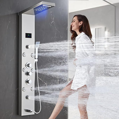 LED 5-in-1 Shower Panel Tower System,Brushed Grey | 304 Stainless Steel Shower Panel Tower Column with Powerful Body Jets, Rainfall, Waterfall,Handheld and Tub Spout