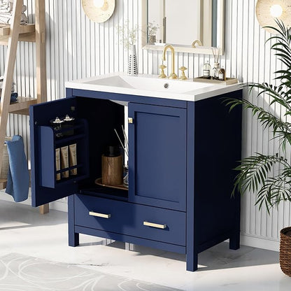 LUMISOL 30" Bathroom Vanity with Sink, Modern Bathroom Sink Cabinet with One Drawer, Soft-Close Doors & Adjustable Shelf, Freestanding Bathroom Storage Cabinet with Undermount Ceramic Sink, Blue
