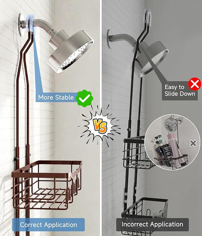 Upgraded Extended Length Shower Organizer with Hooks, Rustproof Shampoo Soap Holder, Large Hanging Bathroom Caddy, Brown