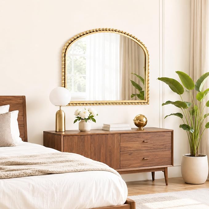 36"x28" Wide Arched Wall Mirror, Antique Gold Bold Beaded Frame | Large statement mirror for fireplace mantel, vintage decorative horizontal wall mount for entryway, living room, bathroom