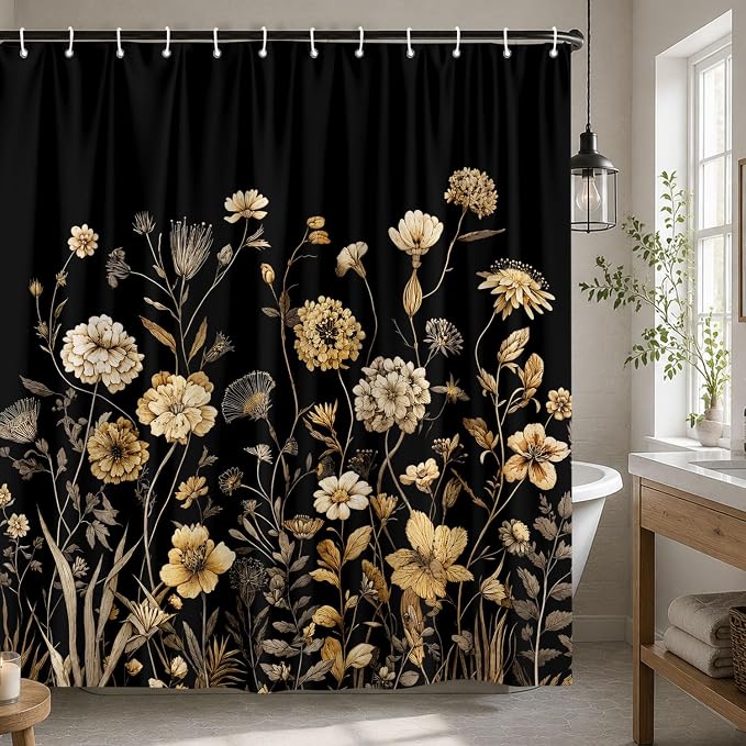Vintage Boho Black Gold Floral Shower Curtain, Rustic Farmhouse Flower Shower Curtain Set, Cute Botanical Wlidflowers Fabric Shower Curtains Decoration, 72X72 Aesthetic Bathroom Accessories