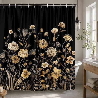 Vintage Boho Black Gold Floral Shower Curtain, Rustic Farmhouse Flower Shower Curtain Set, Cute Botanical Wlidflowers Fabric Shower Curtains Decoration, 72X72 Aesthetic Bathroom Accessories