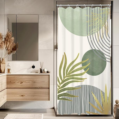 KOMLLEX Mid Century Mint Green Boho Small Stall Bathroom Shower Curtain Set | 36Wx72H Half Abstract design, waterproof HD print with fast-drying fabric and 12 hooks.