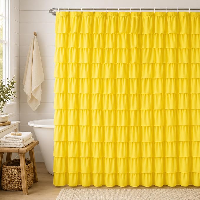 Yellow Shower Curtain for Bathroom, 72 x 84, Soft Ruffled Edge Detailing | Cascading Waterfall Ruffle Design, 72x84 inch, 7ft, 12 Hook Included, Machine Washable, Elegant Understated Farmhouse Style