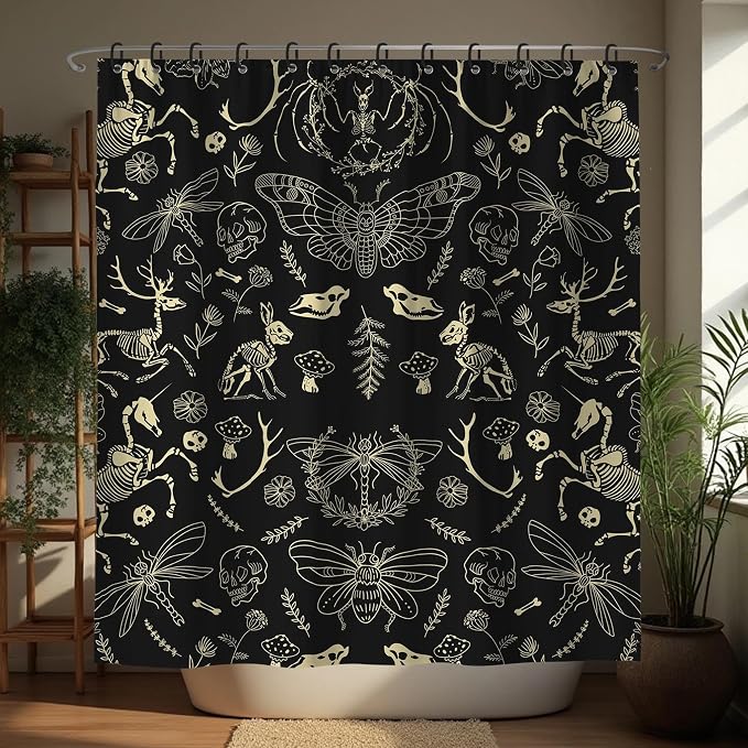 Black Gothic Witchy Skeleton Creature Shower Curtain Set 72x78 Inches | Black Gothic Witchy Skeleton Creature Print, Spooky Dark Folk Housewarming Gothic Lover Guest Bathroom Decor, With Hooks