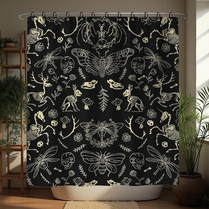 Black Gothic Witchy Skeleton Creature Shower Curtain Set 72x78 Inches | Black Gothic Witchy Skeleton Creature Print, Spooky Dark Folk Housewarming Gothic Lover Guest Bathroom Decor, With Hooks